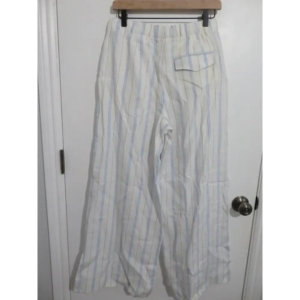 Banana Republic Women Sz S White Blue Striped Wide Leg Pants Linen Blend Style